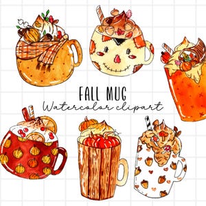 Watercolor clipart - autumn mugs, fall coffee cup, mugs, hot chocolate, coffee mug, cafe, autumn vibes, autumn cups, commercial use PNG