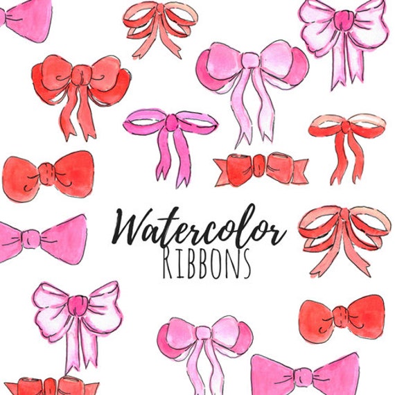 Watercolor pink and red ribbon clipart bow tie, hair bow png commercial use  digital download