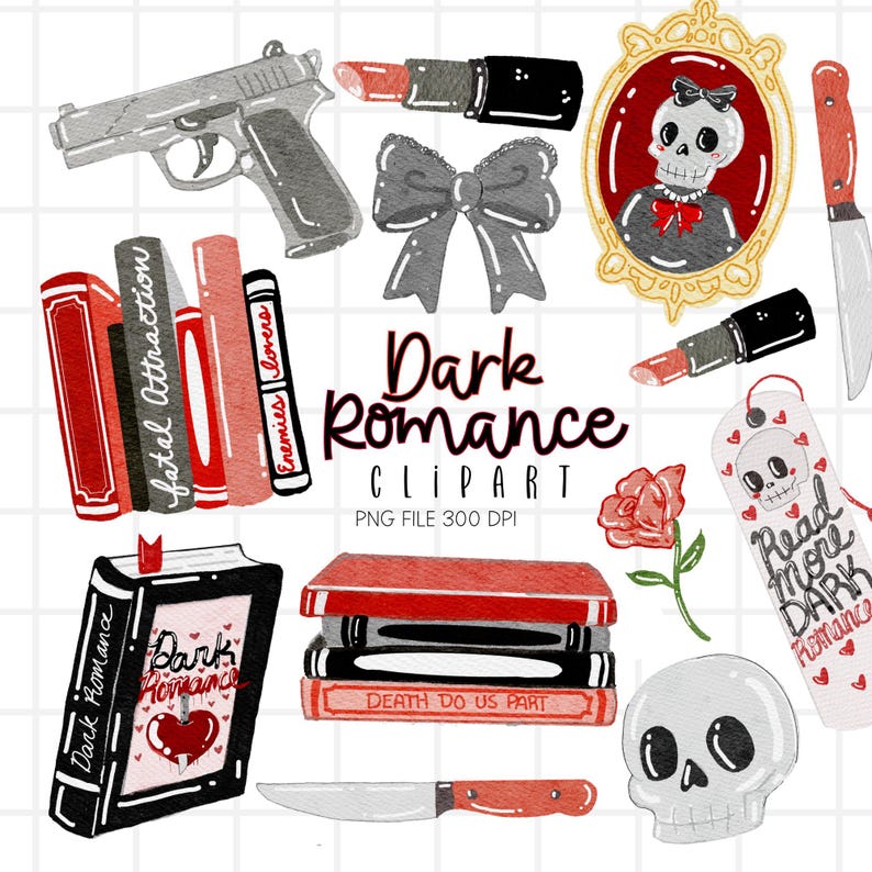 Dark Romance Clipart, Bookish Romance Clipart, Gothic Romance PNG, Bookish Dark Romance Clipart Reading graphics image 1