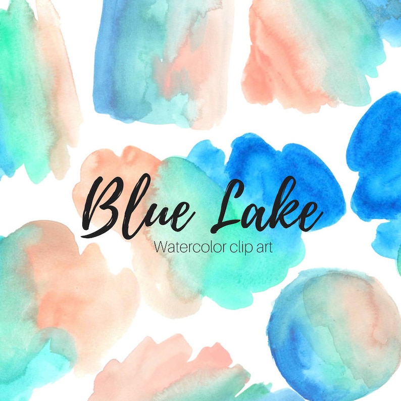 Op de afbeelding: Waterverf clip art met abstracte vormen in tinten blauw, groen en perzik. De tekst "Blue Lake" is geschreven in zwarte cursieve letters.