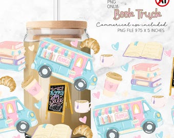 Cozy Reader Book Truck, Bookish Girlie 16oz Glass Wrap PNG (Digital Download)