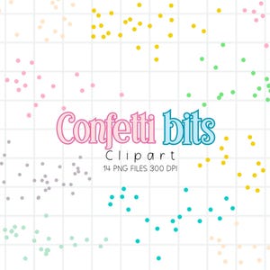 Könnte beinhalten: Eine digitale Grafik mit dem Text Confetti bits Clipart 14 PNG FILES 300 DPI, zentriert auf einem weißen Rasterhintergrund. Verstreute Punkte in Gelb, Pink, Grün, Grau und Türkis sind in Clustern über das Raster verteilt angeordnet.