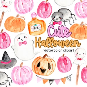 Watercolor halloween clipart, cute pink halloween, pink pumpkins, ghost, jack-o-lantern illustration commercial use png