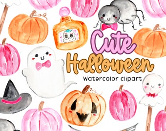 Watercolor halloween clipart, cute pink halloween, pink pumpkins, ghost, jack-o-lantern illustration commercial use png