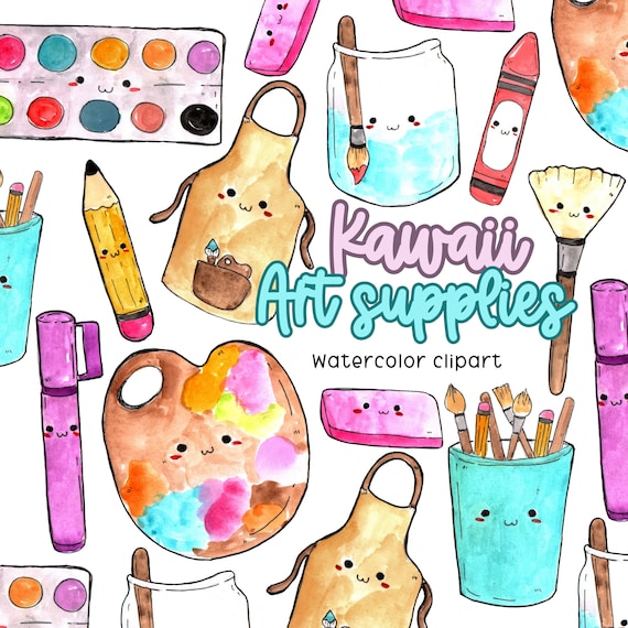 Cute Kawaii Watercolor Clip Art Art Supplies Back to School PNG