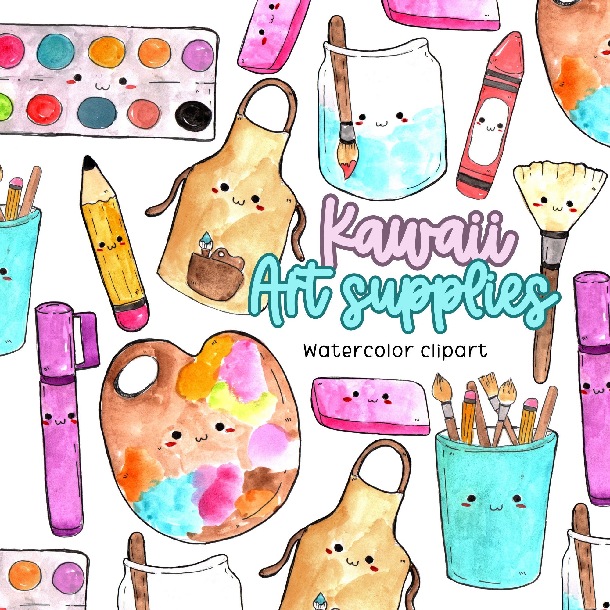 Watercolor Kawaii Art Supplies Clipart Graphic by Writelovely · Creative  Fabrica