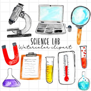 Clipart scientifique à l'aquarelle, rentrée des classes, laboratoire scientifique, bécher, télescope, salle de classe, ordinateur portable, tubes à essai, usage commercial