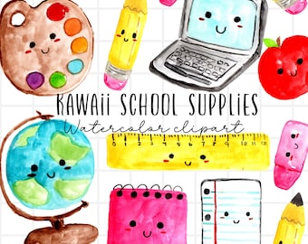 Watercolor school clipart - kawaii back to school, pencil, ruler, paper, notebook, apple cute PNG graphics for commercial use