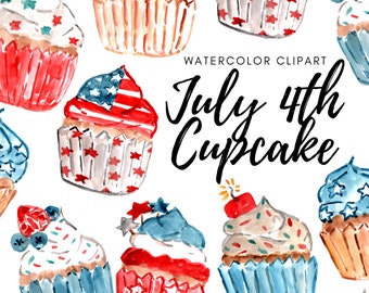 Watercolor cupcake clipart - independence day graphics - patriotic -  commercial use