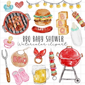 Barbecue baby shower clipart, watercolor clipart, BABYQ png, summer graphics, picnic, baby shower png, backyard bbq clipart commercial use