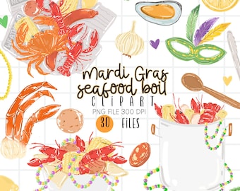 Mardi Gras Crab Boil Clipart, Crawfish Seafood Boil PNG, Commercial Use, 30 Graphics Bundle