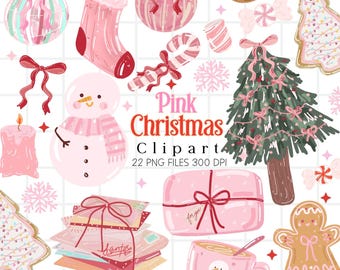 Cute Pink Christmas Clipart PNG, Coquette Christmas, Digital Download