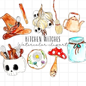 Watercolor halloween clipart, witchy vibes, cottage kitchen witch, spooky home illustration commercial use digital download