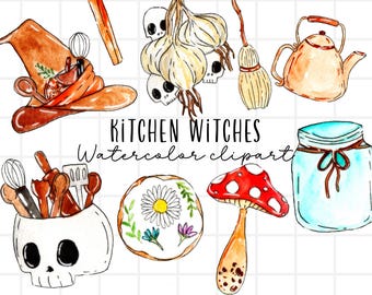 Watercolor halloween clipart, witchy vibes, cottage kitchen witch, spooky home illustration commercial use digital download