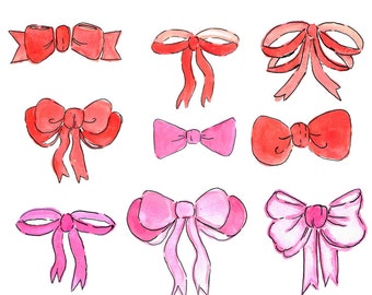 Watercolor pink and red ribbon clipart bow tie, hair bow png commercial use  digital download