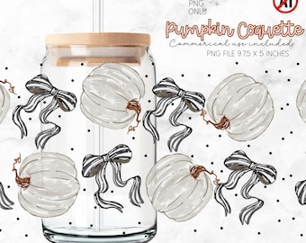 Fall Coquette Bow 16oz Libbey Glass Cup Wrap, White Pumpkin Glass Wrap PNG, Girly Autumn Design, Girly bow glass wrap, Coquette Halloween