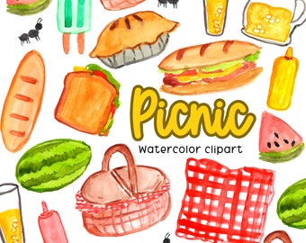 Clipart de pique-nique à l'aquarelle, extérieur, nourriture, été, panier de pique-nique, nourriture de pique-nique, couverture de pique-nique, fourmis, sandwich, limonade, utilisation commerciale