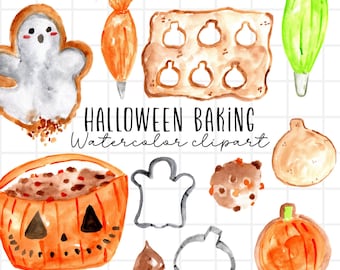 Halloween clipart, watercolor baking, spooky dessert, fall autumn, pumpkin cookie, ghost dessert clipart commercial use sublimation