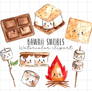 Imágenes prediseñadas de s'mores de acuarela, kawaii, camping, s'mores kawaii, malvaviscos, fuego, chocolate, uso comercial, descarga digital