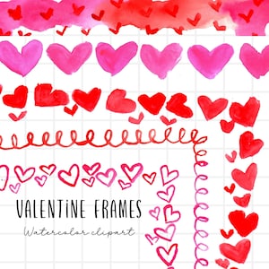 Watercolor valentines day border clipart, heart frames square love borders png commercial use