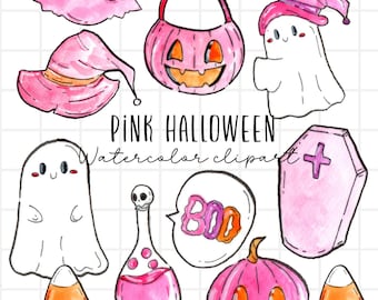 Pink halloween clipart, pastel goth png, halloween graphic, cute goth witches, ghost, candy corn illustration commercial use png files