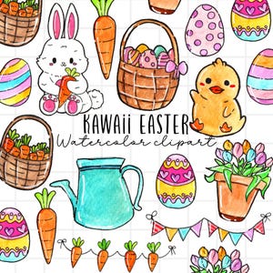 Clipart pasquali kawaii - acquerello, coniglietto pasquale, uova, carote, caccia alle uova, uova di Pasqua, primavera, giardino, png per uso commerciale