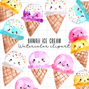 Watercolor kawaii ice cream clipart, ice cream cone, soft serve summer graphics commercial use