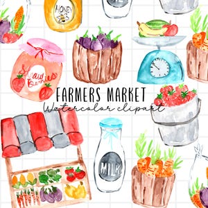Aquarel clipart - boerenmarkt, marktkraam, landbouw, productenmarkt, groentekraam buiten, afbeeldingen voor commercieel gebruik