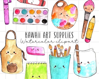 Cute kawaii watercolor clip art - art supplies - back to school PNG illustrations for commercial use