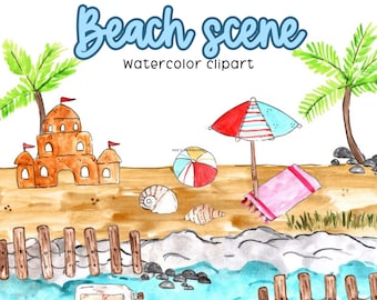 watercolor beach clipart - summer beach scene creator clip art PNG graphics for commercial use