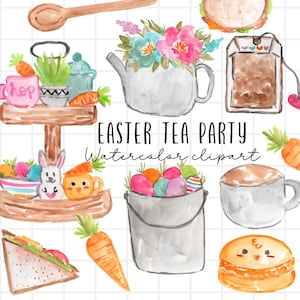 Aquarell Ostern Clipart Teeparty Grafik Frühling Illustration Teeset Desserts Gartenparty png Kommerziell