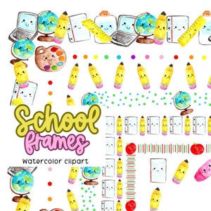 Watercolor back to school frame clipart , square border, bulletin border graphics, digital download commercial use