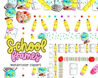 Watercolor back to school frame clipart , square border, bulletin border graphics, digital download commercial use