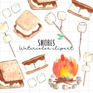 Clip art de aquarela - Clip art de Smores - Acampamento - comida - marshmallow - uso comercial de fogueira