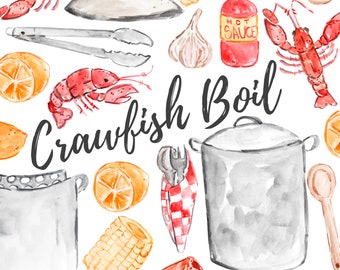 Crawfish boil watercolor clip art - summer seafood graphics - commercial use