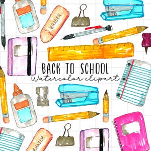 Clipart de volta às aulas, escola, educação, material escolar, papel, lápis, cola, borracha, caderno, caneta, uso comercial, sublimação, conjunto PNG