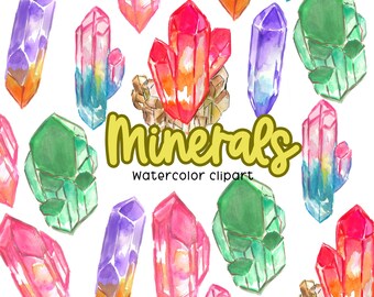 Watercolor mineral crystals clipart, rock science graphics in png format, commercial use