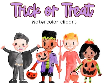 Halloween kids clipart, spooky watercolor clipart, halloween costume, kids, dress up, trick or treaters, cute halloween PNG commercial use