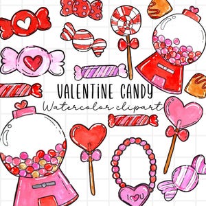 Valentinstag Aquarell Clipart, Herz Süßigkeiten, Kaugummiautomat, Schokolade, Dessert, Geschenk, Lutscher, kommerzielle Nutzung