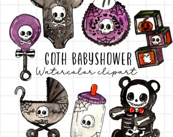 Watercolor clipart - babyshower, gothic, black, skulls, halloween babyshower, baby supplies, commercial use
