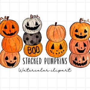 May include: Watercolor clipart featuring stacks of pumpkins in shades of orange, gray, and black. Some pumpkins have carved faces, and one has the word "BOO." The text "STACKED PUMPKINS" and "Watercolor clipart" are also present.