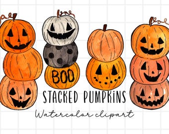 Halloween clipart, watercolor stacked pumpkin graphics, fall autumn, gray pumpkins, Jack o lantern illustration png commercial use