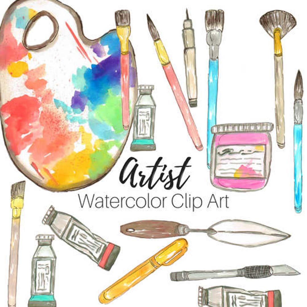 Watercolor Art Supplies Clipart, Paint Brush, Paint, Canvas Graphics