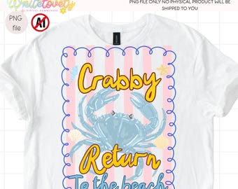 Retro Crabby return to the beach, Preppy Coastal Summer PNG Striped Shirt Design Digital Download