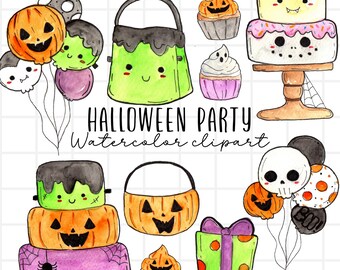 Watercolor Halloween Party Clipart - Ghost, Pumpkin, party cake , costume party PNG graphics for commercial use