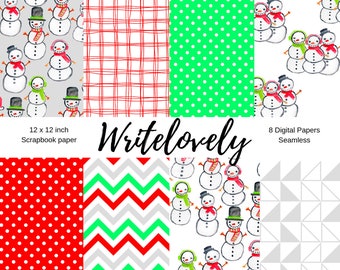 Seamless Christmas Digital scrapbook paper - Snowmen digital paper - Holiday downloads - commercial use