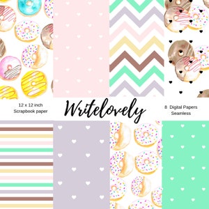 Seamless cute donuts digital scrapbook paper - food digital paper pack - commercial use