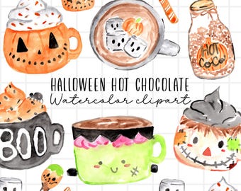 Halloween clipart, watercolor clipart, hot chocolate, mug, cocoa mix, hot cocoa bar station graphics, chocolate graphics PNG commercial use