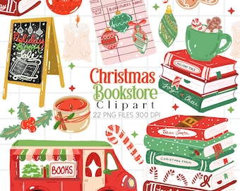 May include: A digital illustration set featuring Christmas bookstore elements including a red bookmobile, stacks of books with holiday titles, a chalkboard sign reading Holiday Book Sale, ornaments, a gingerbread cookie, a candle, and a library card.