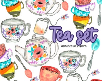 Tea Clip Art - Floral Clip Art - Vintage Clip Art - Tea Set - Watercolor Clip Art - Commercial use